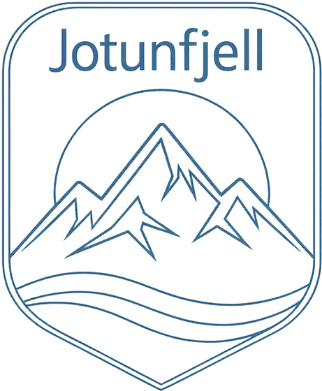 Jotunfjell shield emblem with mountains, sun and waves